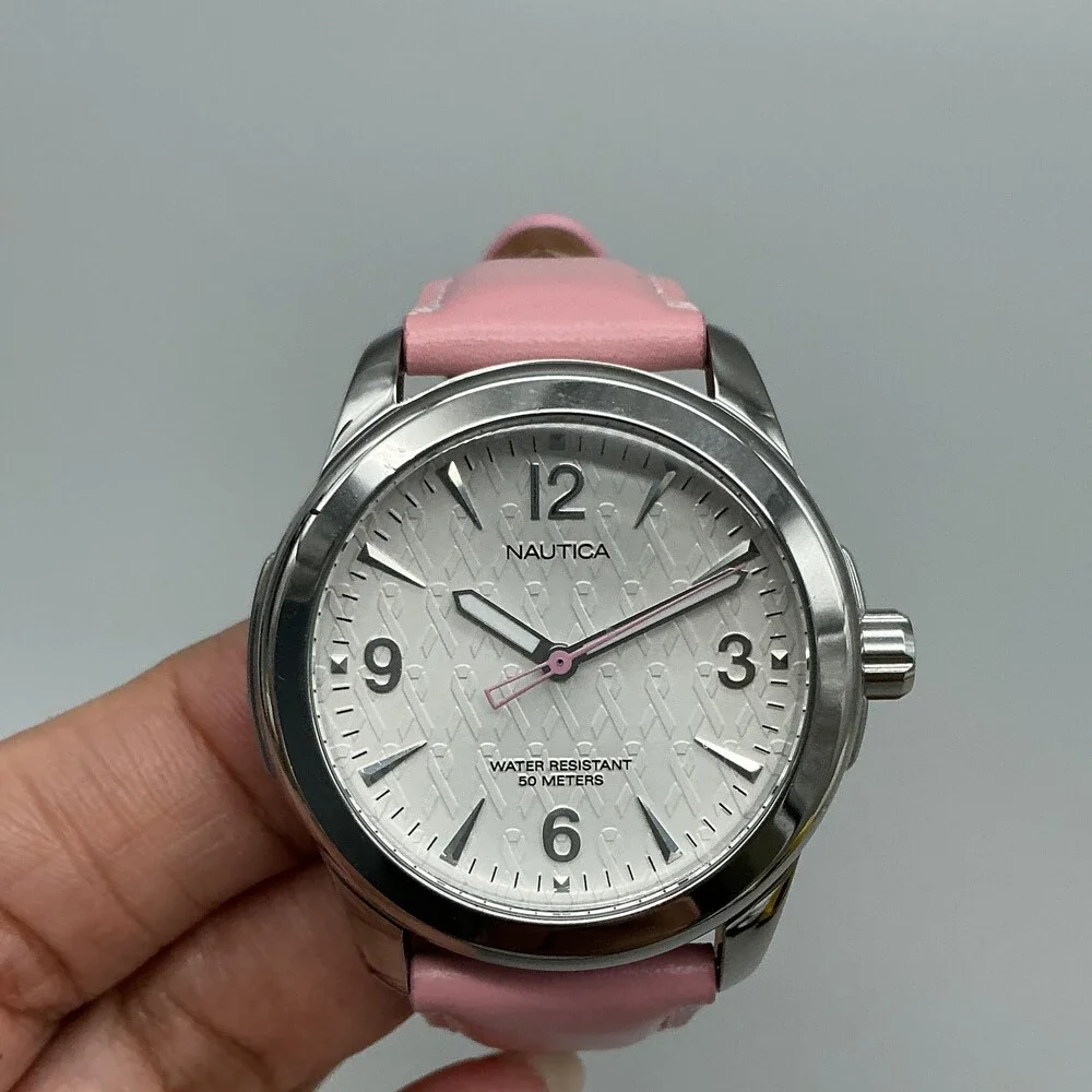 Nautica N12506L Women Watch 40mm White Dial Silver Tone Pink Leather New Battery